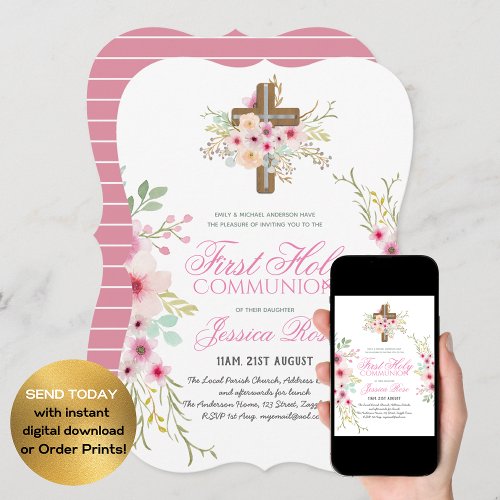 First HOLY Communion Invitation Flowers Cross Pink