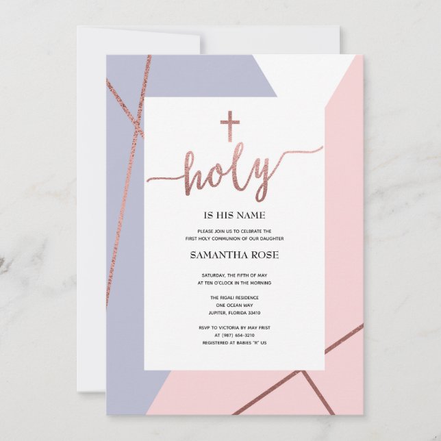 First Holy Communion Invitation Girl, Rose Gold (Front)