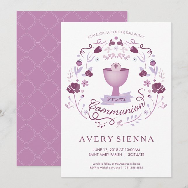 First Holy Communion Invitation Girl's Invite Card (Front/Back)