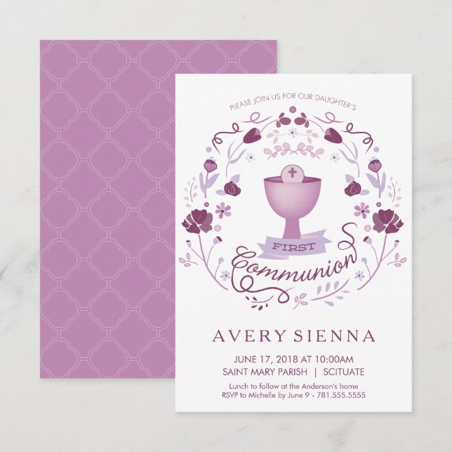 First Holy Communion Invitation Girl's Invite Card (Front/Back)