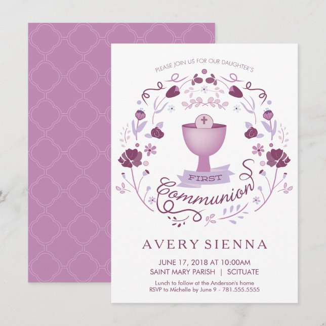 First Holy Communion Invitation Girl's Invite Card (Front/Back)