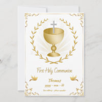 First Holy Communion Invitation Gold Chalice Cross