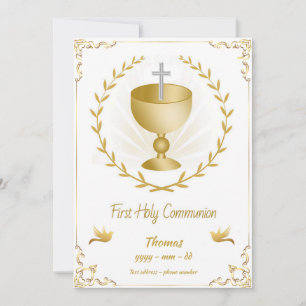 First Holy Communion Invitation Gold Chalice Cross