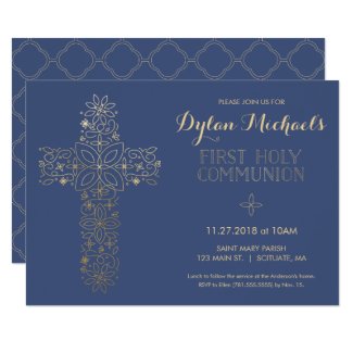 First Holy Communion Invitation, Gold Cross Invite