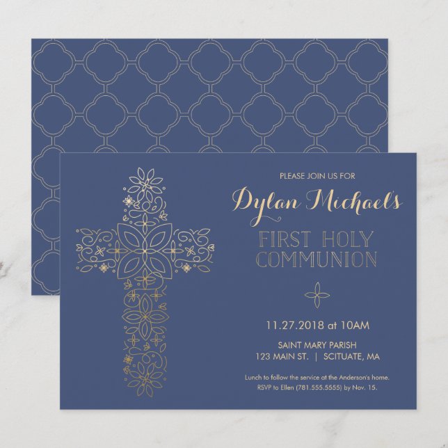 First Holy Communion Invitation, Gold Cross Invite (Front/Back)