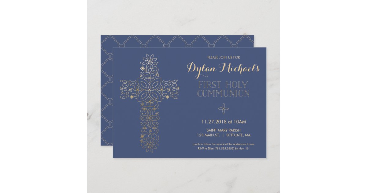 Set of 10 Boy or Girls First Holy Communion Invitations with Gold Cross