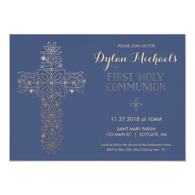 First Holy Communion Invitation, Gold Cross Invite