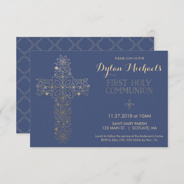 First Holy Communion Invitation, Gold Cross Invite (Front/Back)