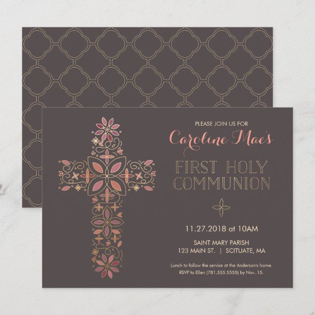 First Holy Communion Invitation, Gold Cross Invite (Front/Back)
