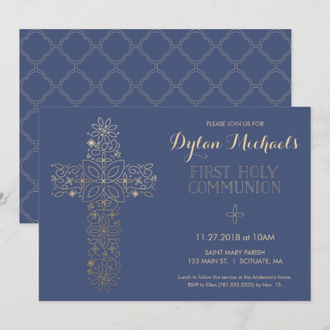 First Holy Communion Invitation, Gold Cross Invite (Front/Back)