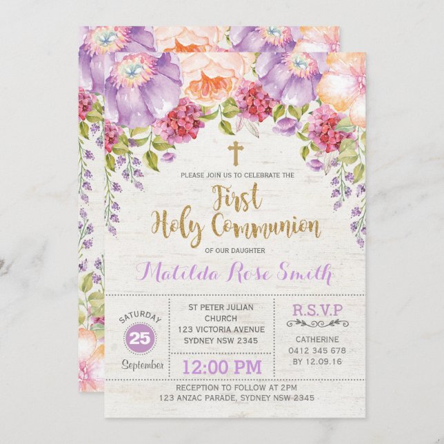First Holy Communion Invitation Purple Gold Floral (Front/Back)