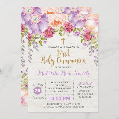 First Holy Communion Invitation Purple Gold Floral