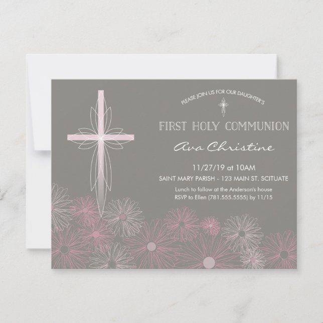 First Holy Communion Invitation w/ Cross, Daisies (Front)
