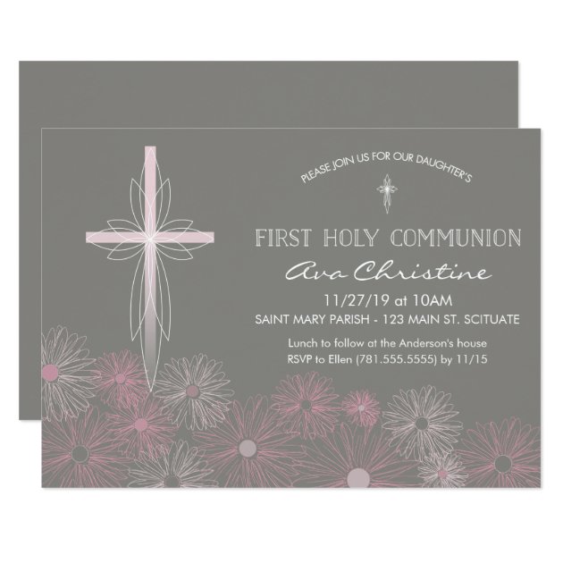 First Holy Communion Invitation W/ Cross, Daisies