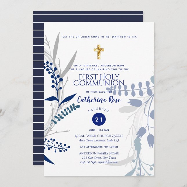 First Holy Communion Invitations Boys Blue Verse (Front/Back)