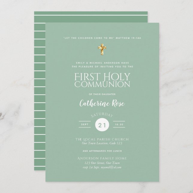 First Holy Communion Invitations Sage Green (Front/Back)
