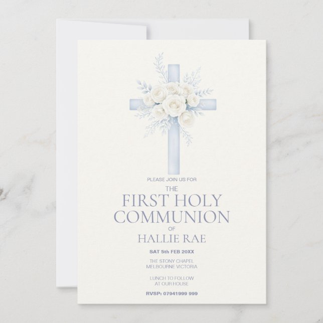 First Holy Communion Invite, Blue Floral Cross Invitation (Front)