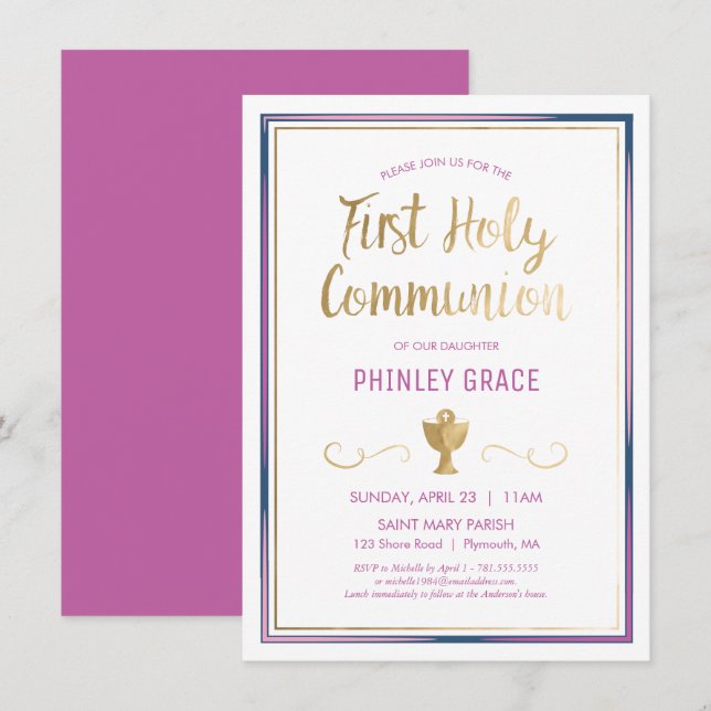 First Holy Communion Invite, Elegant, Pink, Gold I Invitation (Front/Back)