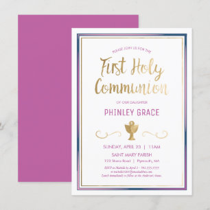 First Holy Communion Invite, Elegant, Pink, Gold I Invitation