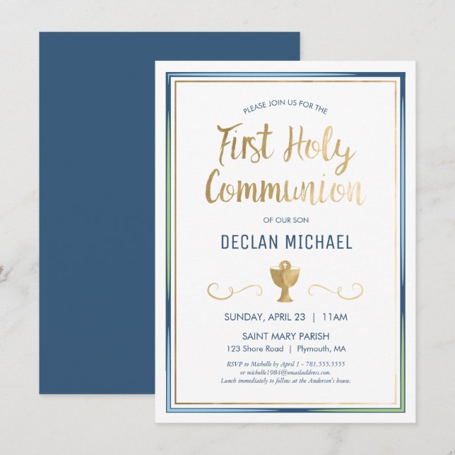 First Holy Communion Invite - Elegant, Simple Gold (Front/Back)