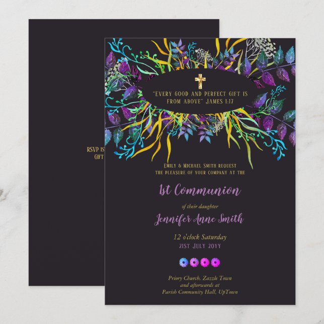 First Holy Communion Invite Girl PURPLE - VERSE (Front/Back)