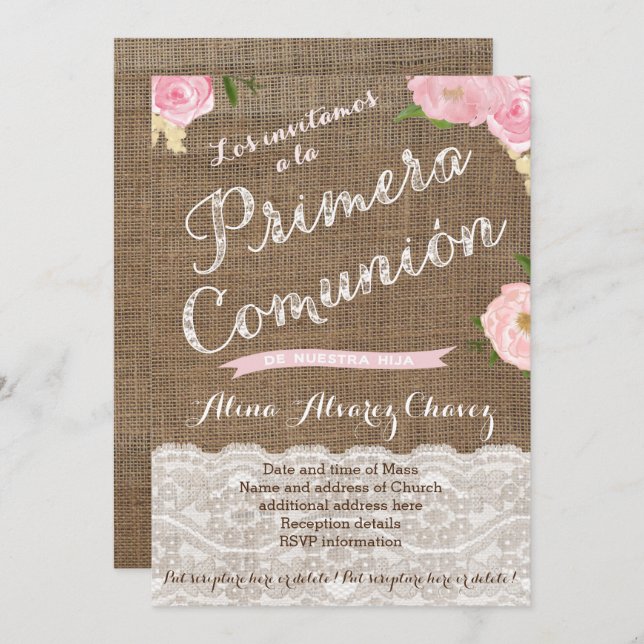 First Holy Communion Invites in Spanish for Girl (Front/Back)