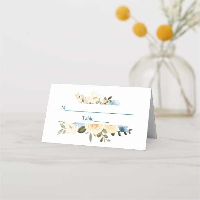 First Holy Communion Ivory Blue Flowers Greenery Place Card (Front)