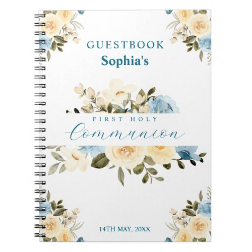 First Holy Communion Ivory Blue Flowers Guest Book