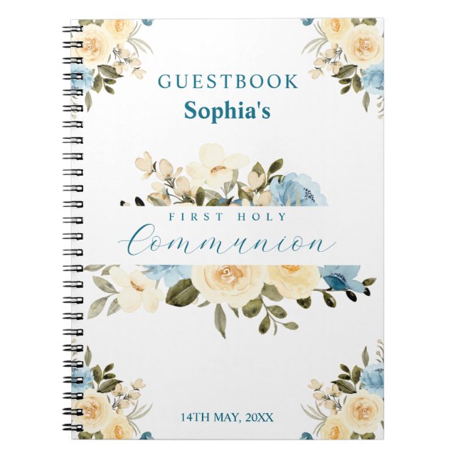 First Holy Communion Ivory Blue Flowers Guest Book (Front)
