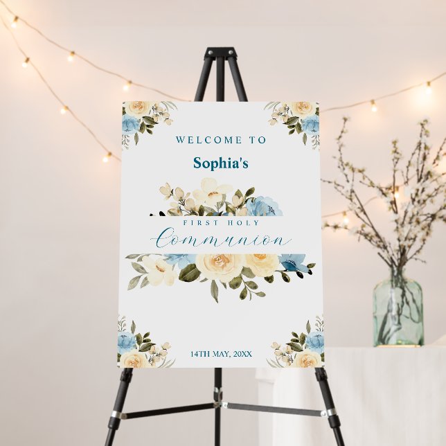 First Holy Communion Ivory Blue Flowers Welcome Foam Board (In Situ (Stand))