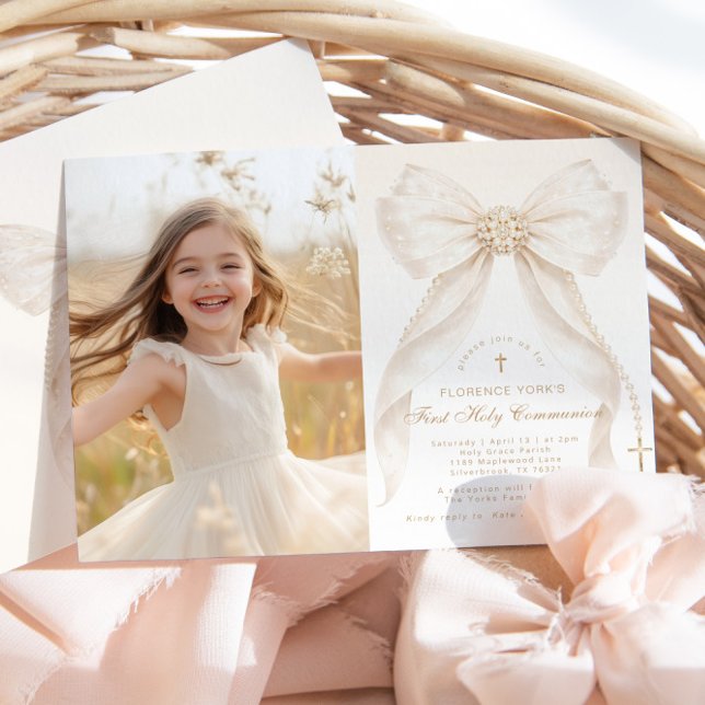 First Holy Communion Ivory Bow Pearls Photo Invitation (Creator Uploaded)