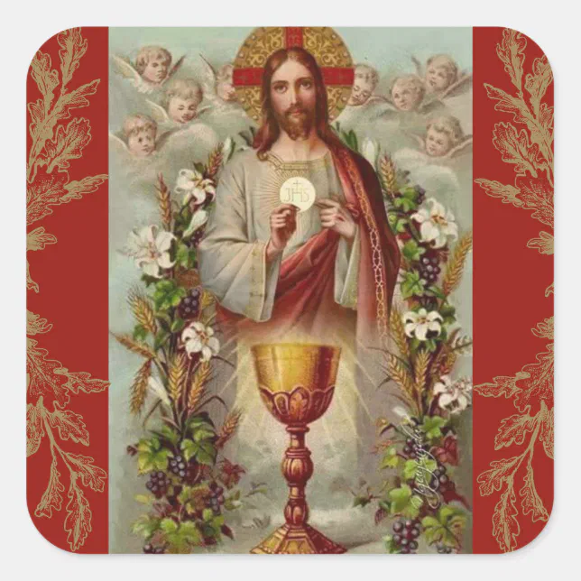 First Holy Communion Jesus Chalice Flowers Square Sticker | Zazzle