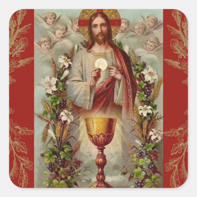 First Holy Communion Jesus Chalice Flowers Square Sticker (Front)