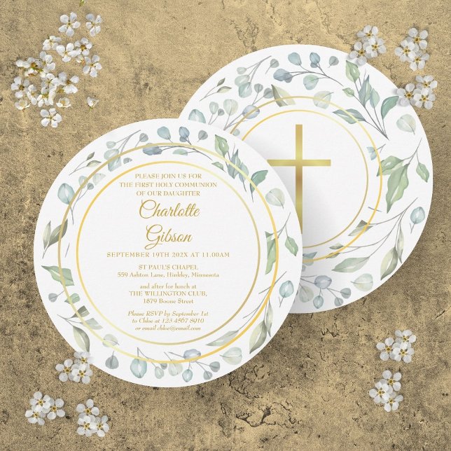First Holy Communion Laurel Garland Gold Circular Invitation (First Holy Communion Laurel Garland Gold Circular Invitation)