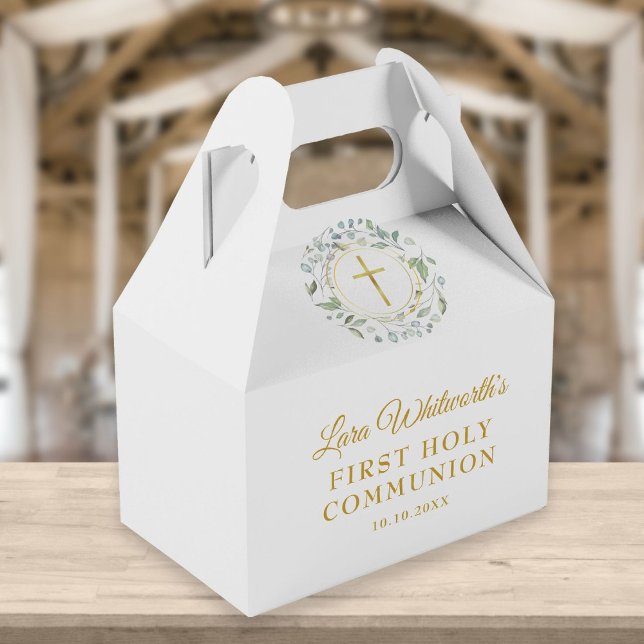First Holy Communion Laurel Garland Gold Script Favor Boxes (Creator Uploaded)