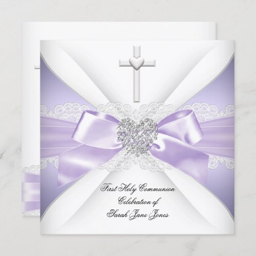 First Holy Communion Lavender Silver Heart Girl Invitation