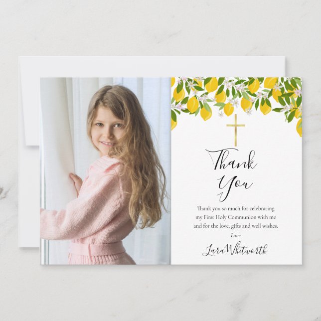 First Holy Communion Lemons Gold Cross Photo Thank You Card (Front)