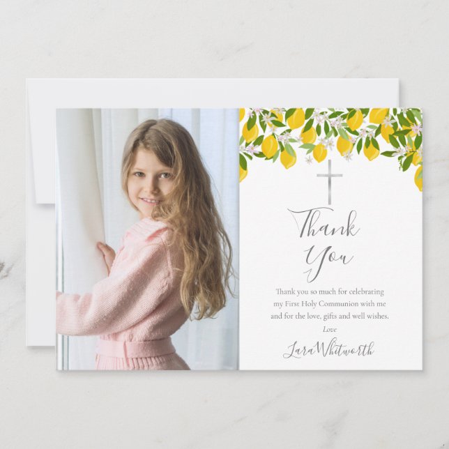 First Holy Communion Lemons Silver Cross Photo Thank You Card (Front)