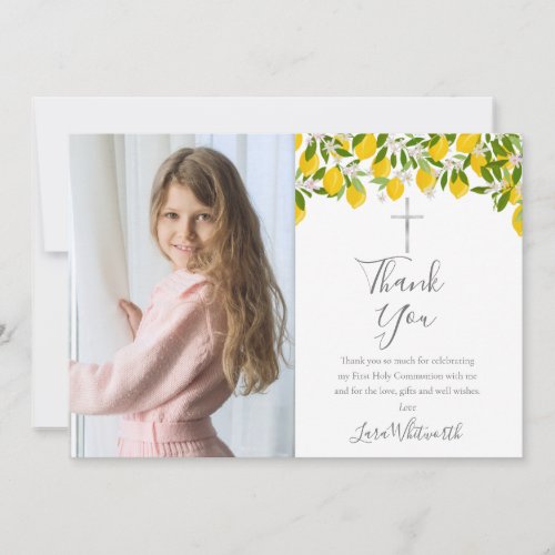 First Holy Communion Lemons Silver Cross Photo Thank You Card