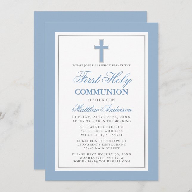First Holy Communion Light Blue and Silver Invitation (Front/Back)