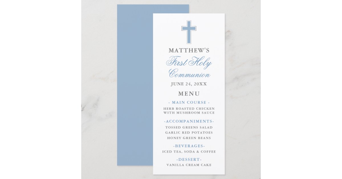 First Holy Communion Light Blue and Silver Menu | Zazzle