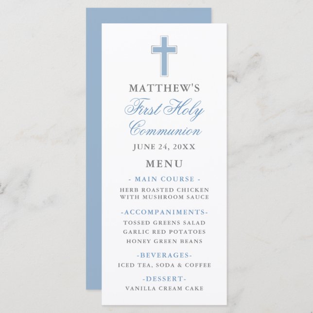 First Holy Communion Light Blue and Silver Menu (Front/Back)