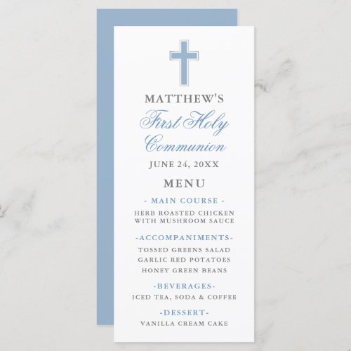 First Holy Communion Light Blue and Silver Menu