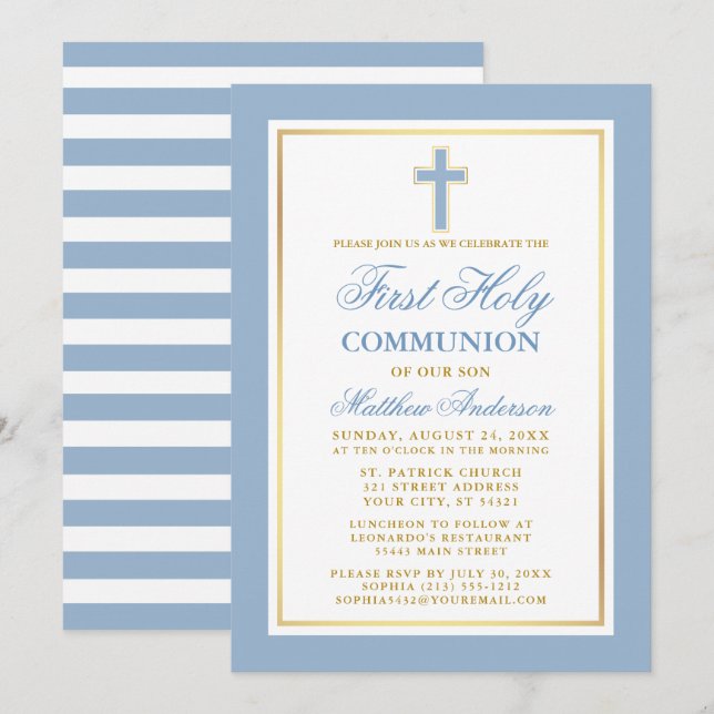 First Holy Communion Light Blue Gold Striped Invitation (Front/Back)