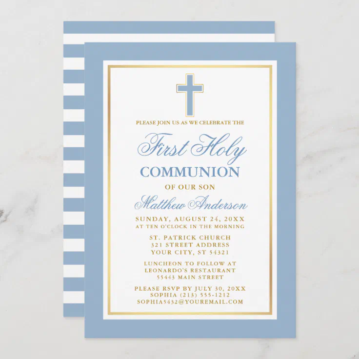 First Holy Communion Light Blue Gold Striped Invitation | Zazzle