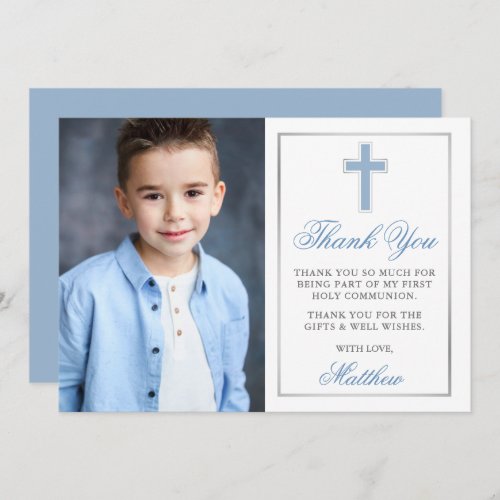 First Holy Communion Light Blue Silver Photo Thank You Card