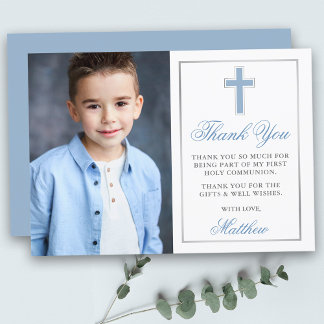 First Holy Communion Light Blue Silver Photo Thank You Card