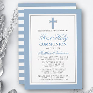First Holy Communion Light Blue Silver Striped Invitation