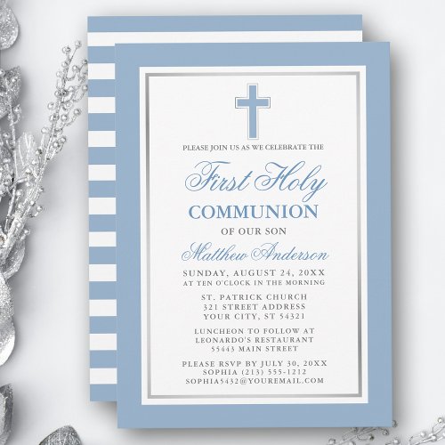 First Holy Communion Light Blue Silver Striped Invitation