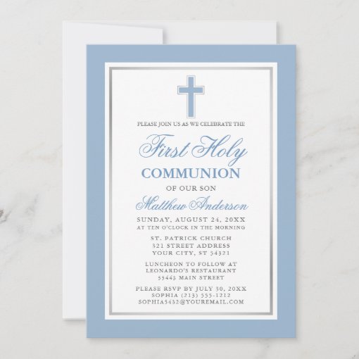 First Holy Communion Light Blue Silver Striped Invitation | Zazzle